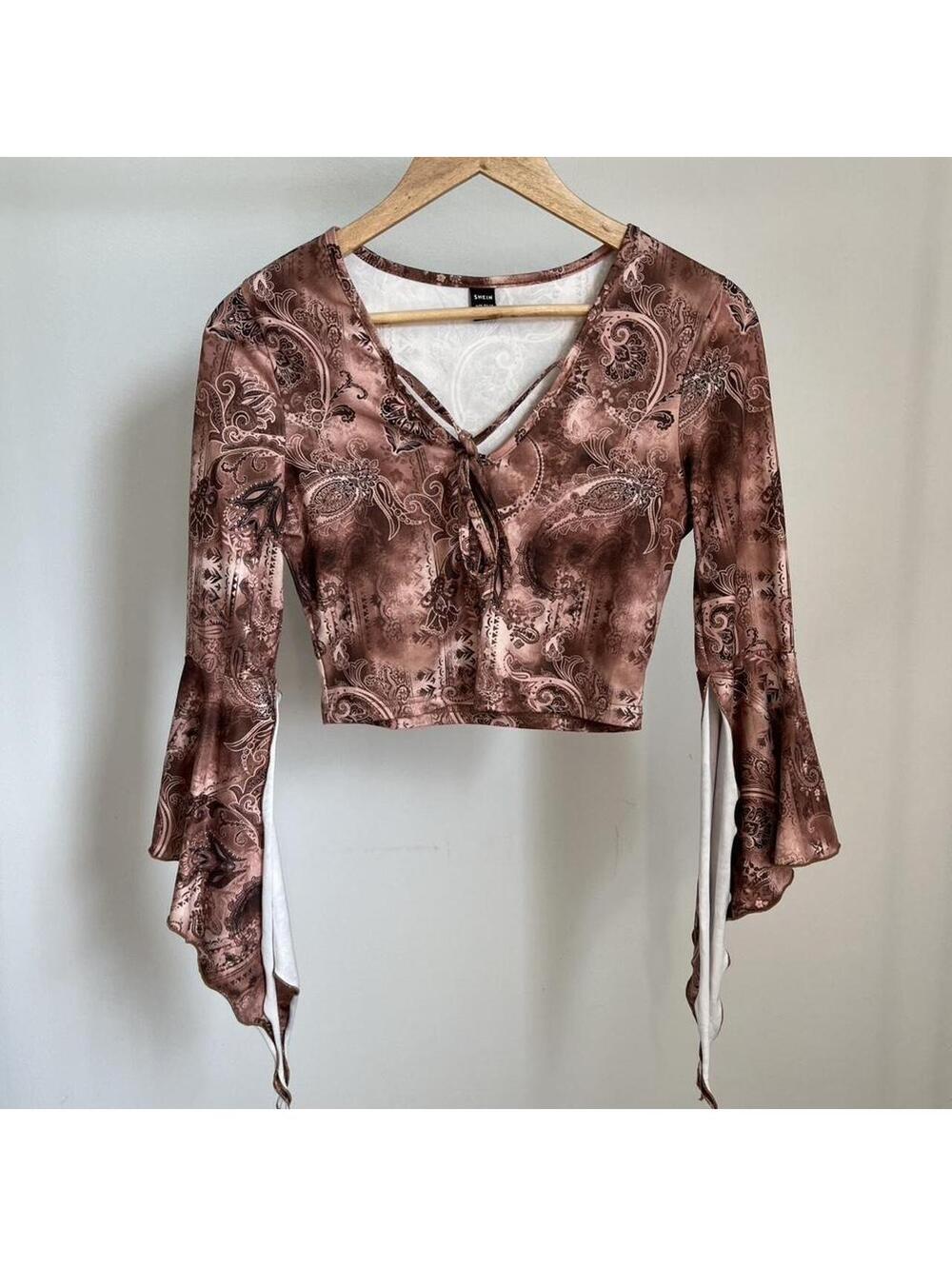SHEIN Brown Satin Paisley Tie Front Bell Sleeve Crop Top Boho Fairy Coquette M